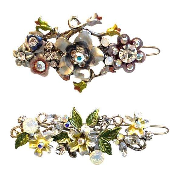Silver Tone Enamel & Crystal Floral Barrette Duo - Picture 1 of 6
